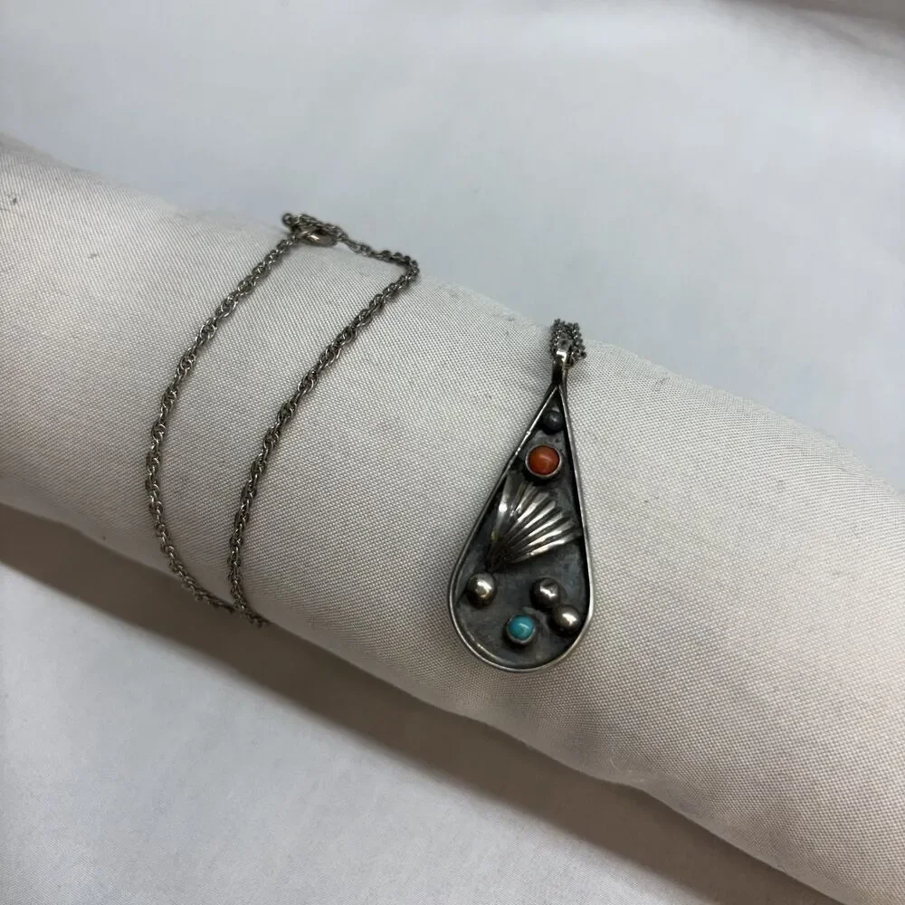 Vintage Southwestern Sterling Turquoise Coral Pitot Point Teardrop Pendant